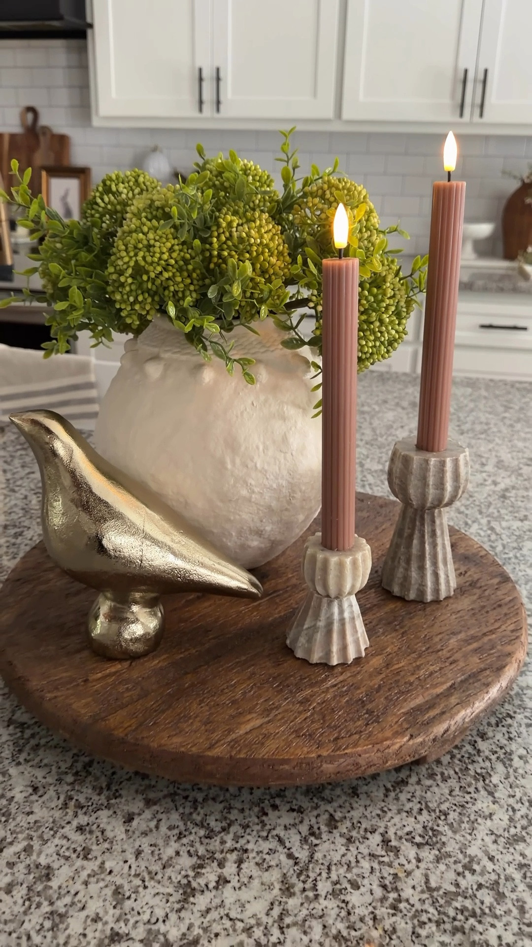 One of my favorites! The vase and the florals are absolutely gorgeous! The star of the show is this gold bird. She is a beauty! This is a perfect look that will last you through Summer  