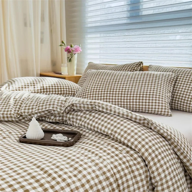 Tan Gingham Queen Comforter Set, Taupe Plaid Bedding Set, Checked Bed Comforter 3 Pieces(Tan Ging... | Walmart (US)