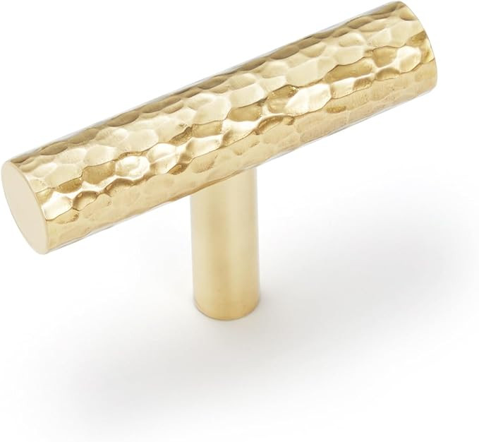 6-Pack Solid Brass Kitchen Cabinet Pulls, Gold Modern T-Bar Handles, Single Hole Hammered Knobs f... | Amazon (US)