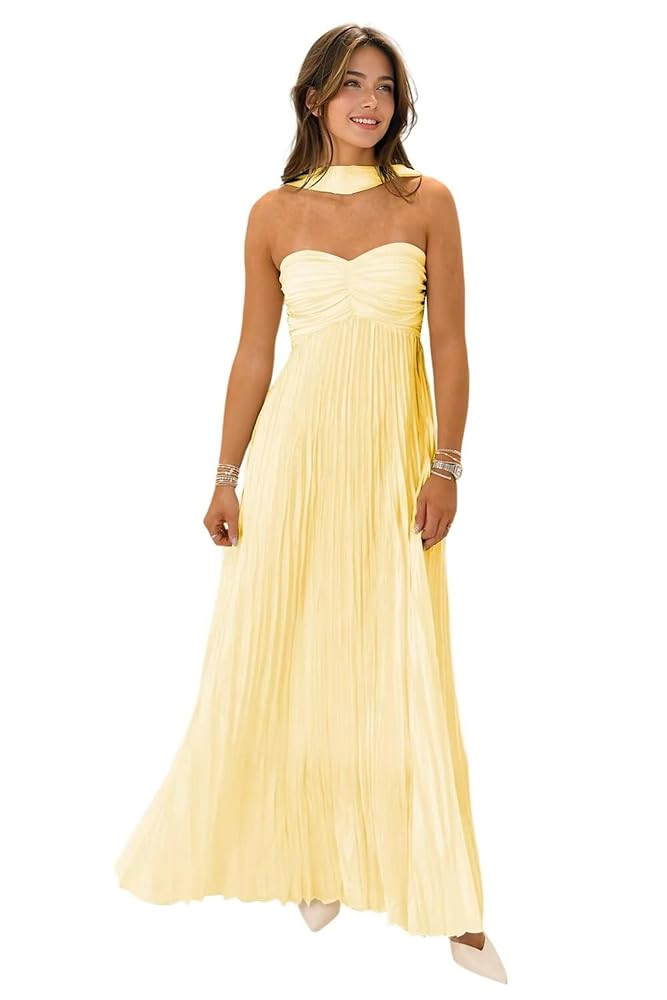 Strapless Bridesmaid Dresses for Womens 2025 Ruffles Pleated Chiffon Maxi Formal Party Dress with... | Amazon (US)