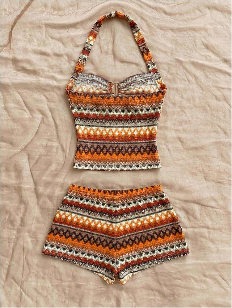 GORGLITTER Women's Boho Summer Vacation Outfits Striped Halter Crop Tops Mini Shorts Party Festiv... | Amazon (US)