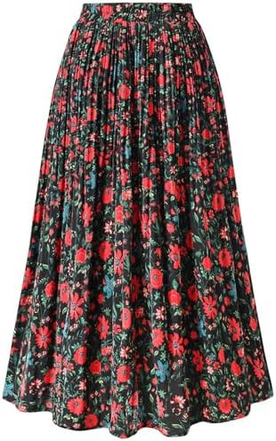 Basoteeuo Womens Skirt Leopard Print Midi Long Shirring Pleated Skirts High Waisted A Line Skirts | Amazon (US)