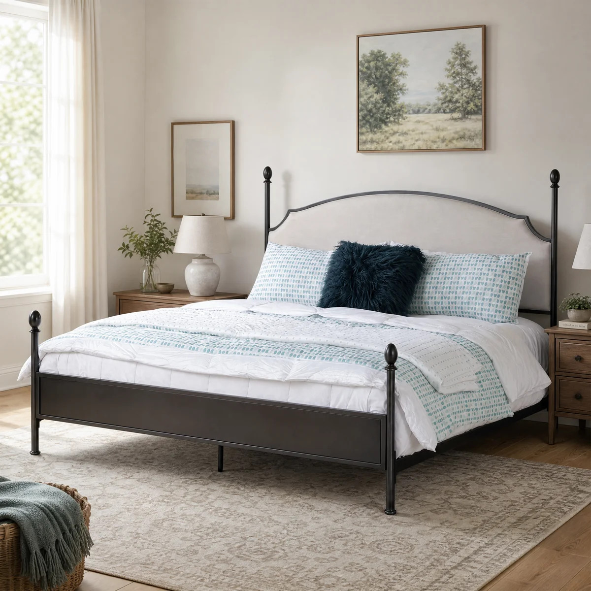 Fawnda Metal Four Poster Bed with Upholstered Headboard | Wayfair North America