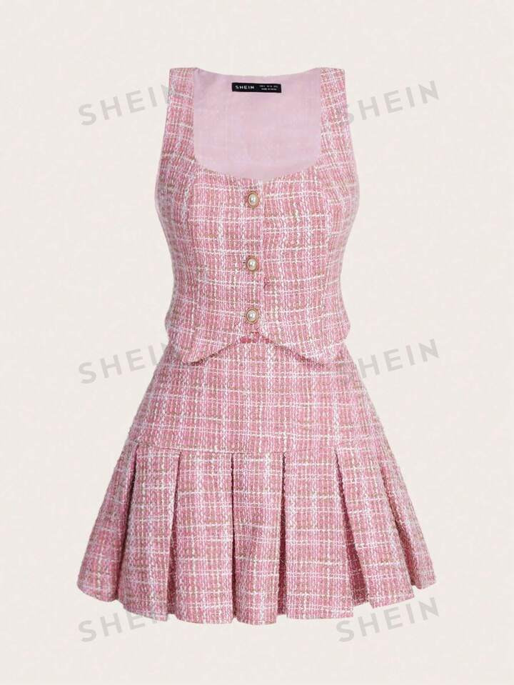 SHEIN MOD Plaid Print Button Front Tank Top & Pleated Skirt | SHEIN