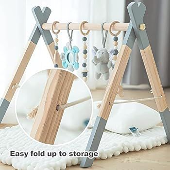 Wooden Baby Play Gym Foldable Baby Play Gym Frame Activity Gym Hanging Bar with 5 Gym Baby Toys N... | Amazon (US)
