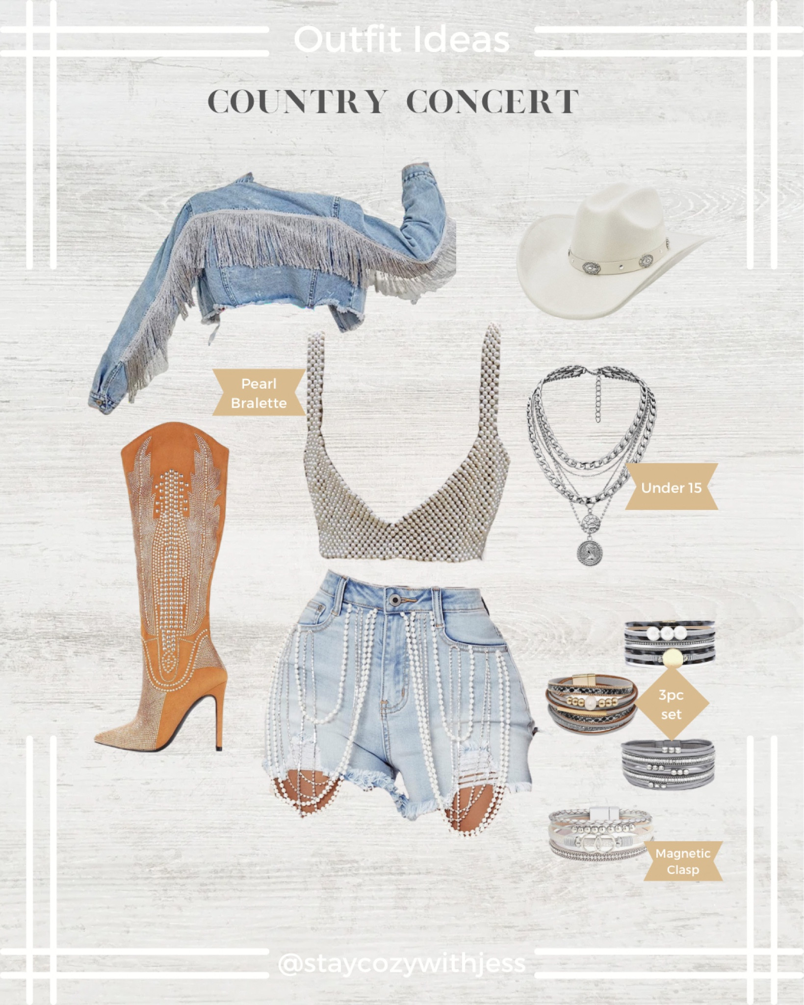 Stay Cozy Style Guide - Country Concert Outfit

Follow me @staycozywithjess for more of my latest and bestselling finds.

So happy to see you here! Stay cozy. 💋
- Jess 🤍


#pearlbralette #highheelboots #stackablebracelets #jeanjacketwithfringe #concertlook #countryconcertoutfitideas #countryconcertshorts #summerconcertlooks #cowgirlfashion #pearloutfit #outfitinspo #size10fashion #midsizefashion #influencerstyle

#LTKstyletip #LTKunder50 #LTKFind