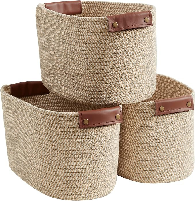 3 Pack Cotton Rope Storage Basket Woven Shelf Storage Bin with Faux Leather Handles, Decorative C... | Amazon (US)
