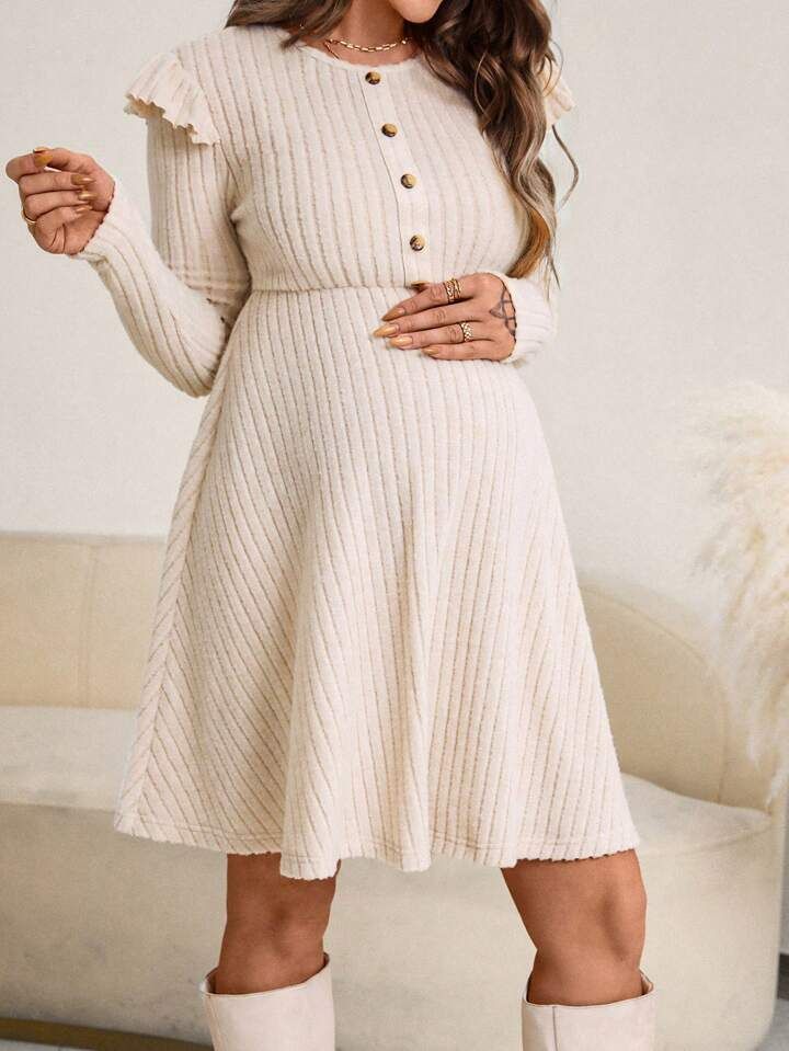 SHEIN Maternity Ruffle Trim Button Front Ribbed Knit Dress | SHEIN