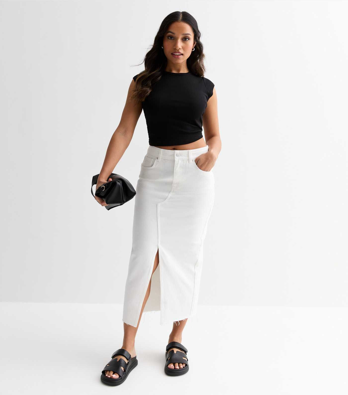 Petite White Denim High Waist Split Hem Midi Skirt | New Look | New Look (UK)