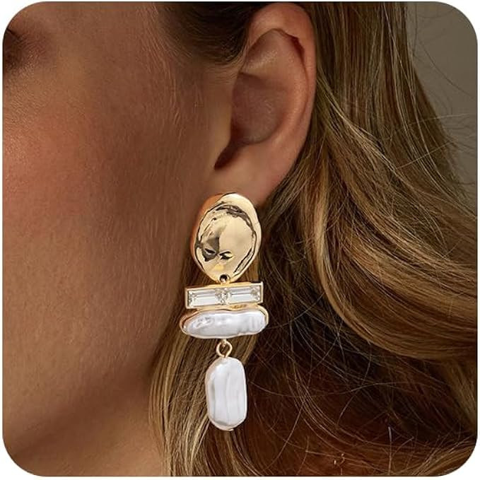FUNEIA Long Gold Pearl Drop Earrings for Women Big Large Statement Baroque Pearl Earrings Women's... | Amazon (US)