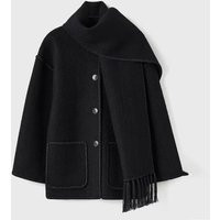 Womens Embroidered Scarf Jacket Button Down Wool Blend Coat Long Sleeve Round Neck Tassel Scarf Coat with Pockets | Miravia ES