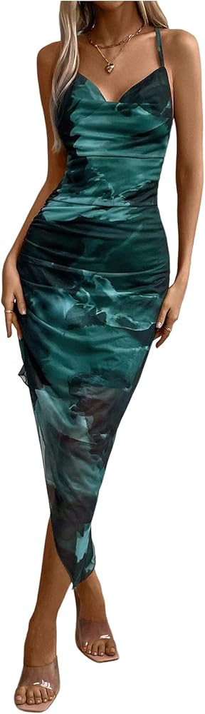 GORGLITTER Women's Mesh Ruched Bodycon Birthday Midi Dress Tie Dye Asymmetrical Party Going Out W... | Amazon (US)
