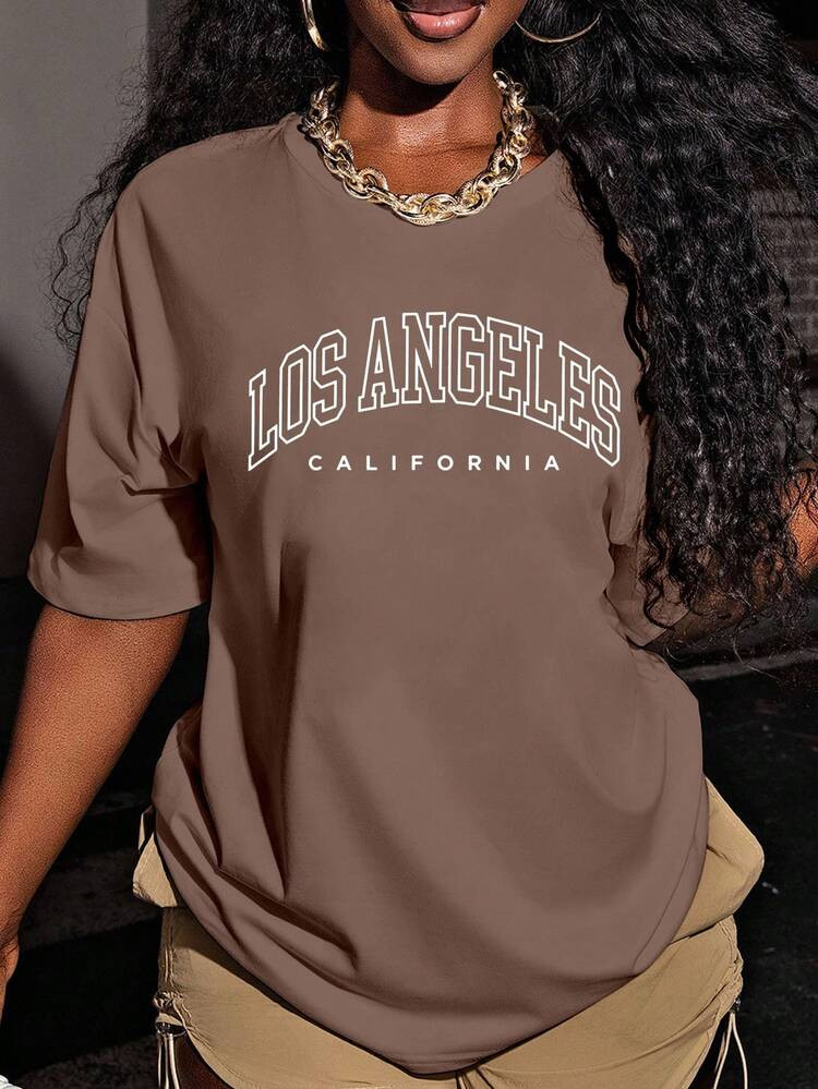 Los Angeles California Inspired Women Loose Fit Round Neck Casual Letter Graphic Print T-Shirt | SHEIN