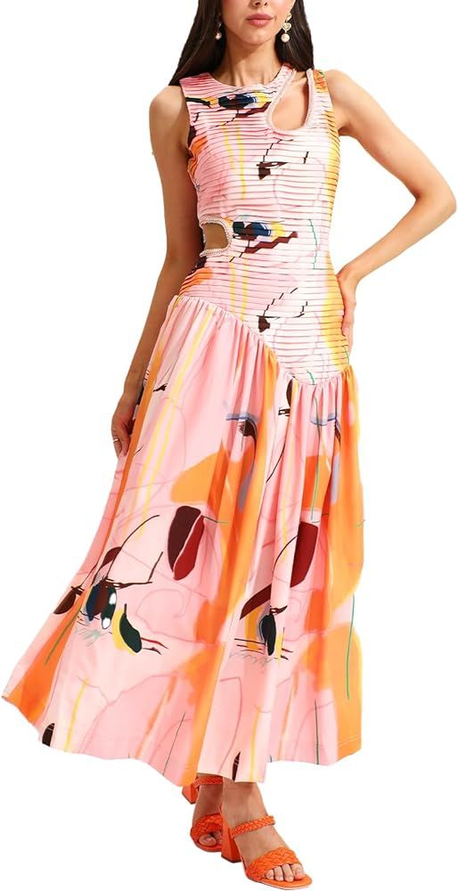 Pink Sleeveless Dress Floral Flowy Dress Cutout Tapered | Amazon (US)