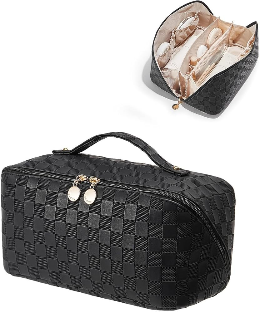 EACHY Travel Makeup Bag,Large Capacity Cosmetic Bags for Women,Waterproof Portable Pouch Open Fla... | Amazon (US)