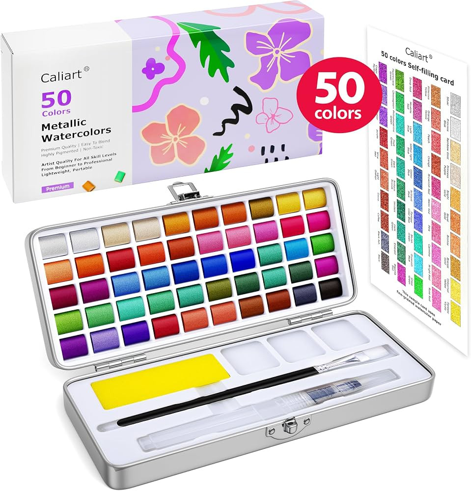 50 Colors Washable Metallic Watercolor Paint Set with 1 Brushes, Non-Toxic Art Craft Paints Gifts... | Amazon (US)