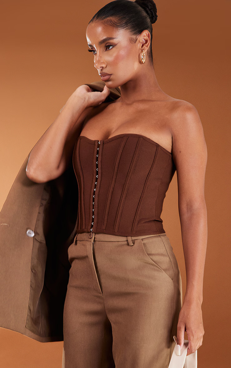 Chocolate Bandage Hook And Eye Structured Corset | PrettyLittleThing UK