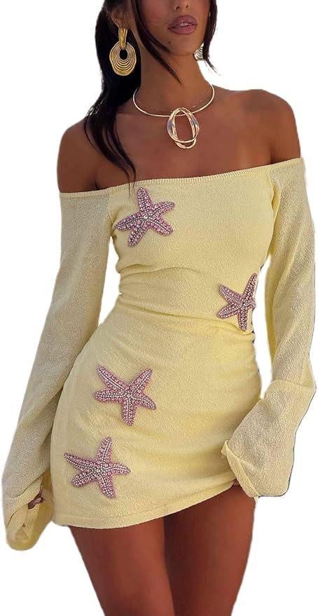Women Starfish Sequin Mini Dress Off Shoulder Long Sleeve Knit Short Dress Summer Beach Vacation ... | Amazon (US)