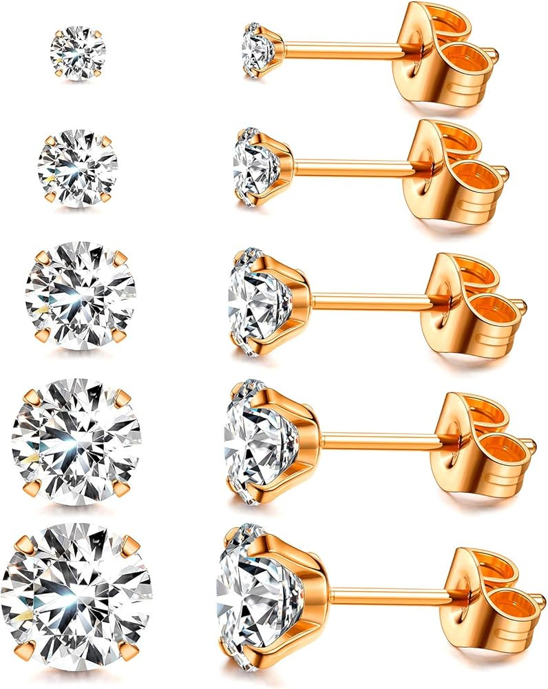 Women's 14K Gold Plated CZ Stud Earrings Simulated Diamond Round Cubic Zirconia Ear Stud Set（5 ... | Amazon (US)