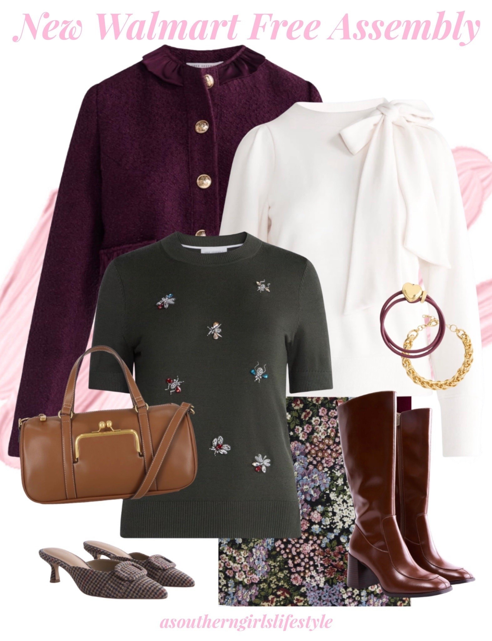 Great transition in Fall staples! Layer the jacket over either sweater, or buttoned. Wear each top layered or alone with the skirt then with jeans or pants. Mules for warmer Fall days. Boots on a cool day. 

Ruffle Trim Nubby Jacket, Bow Neck Terry Sweatshirt (comes in more colors), Embellished Short Sleeve Sweater (also comes in Burgundy), Floral Skirt, Bracelet Set, Cognac Tall Boots (more colors available), Faux Leather Frame Satchel (3 color options & Heeled Mules (more colors too) 

Walmart New Free Assembly. Fall Outfits Women. Work Outfits. Teacher Outfits. Business Casual Workwear #LTKPetite

#LTKootd #LTKSeasonal #LTKWorkwear