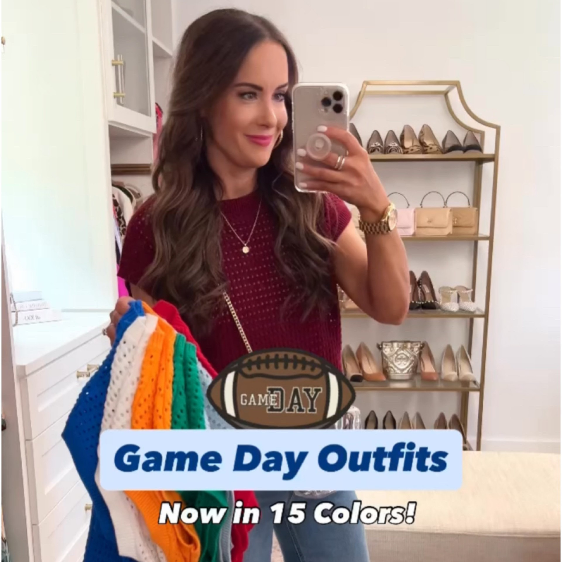 Scroll to shop! New Walmart game day outfit idea with the cutest crochet sweaters! Wearing size S. Follow us for more!