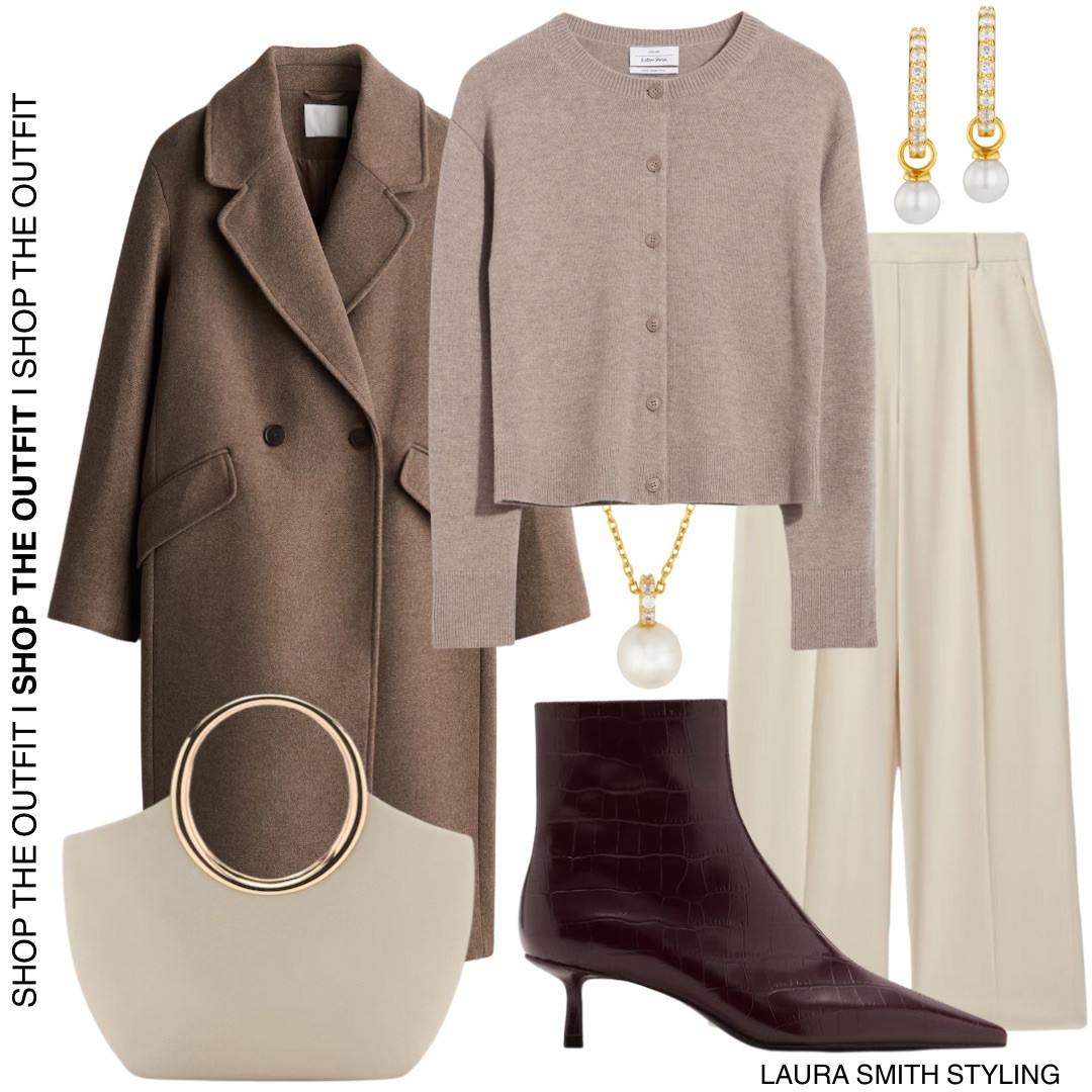 Brown oversized coat, light brown cardigan, white tailored trousers, cream handbag, brown burgundy boots, pearl necklace, pearl earrings  

#LTKuk #LTKautumn #LTKstyletip