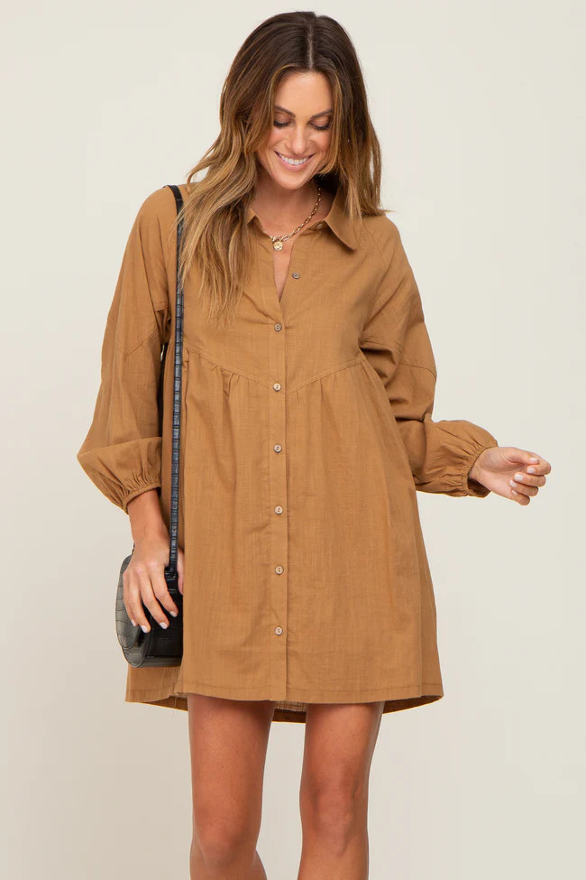 Camel Button Down Mini Dress | PinkBlush Maternity