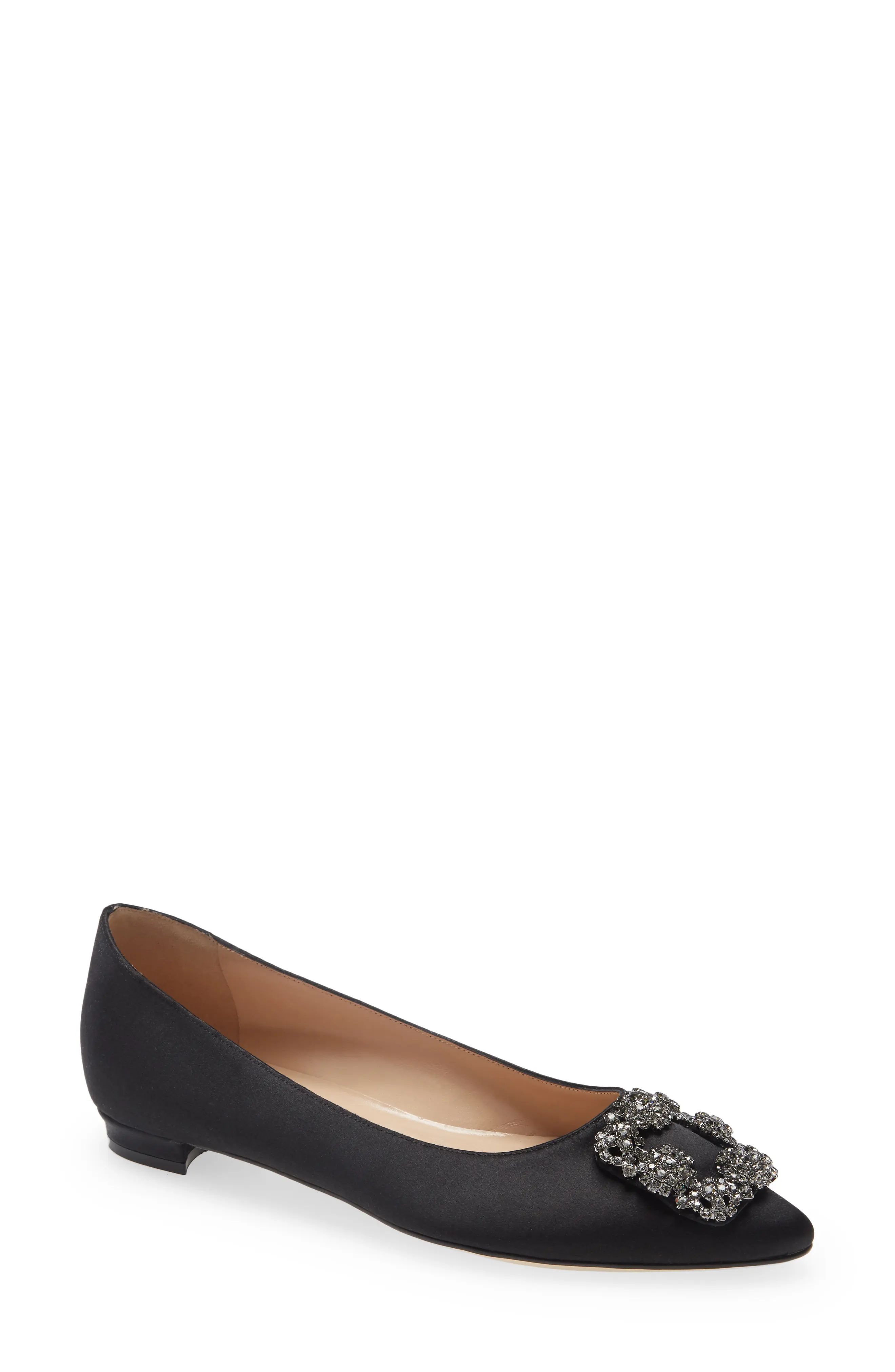 Manolo Blahnik Hangisi Jeweled Pointy Toe Flat in Black Satin/Classic Buckle at Nordstrom, Size 8Us | Nordstrom