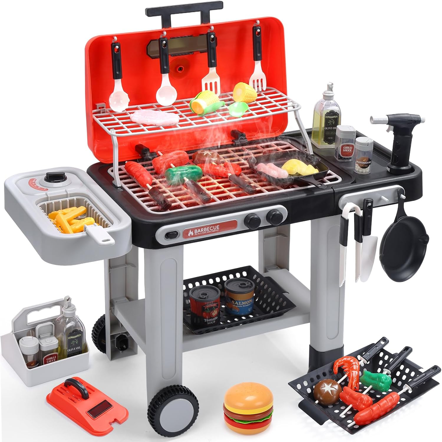 CUTE STONE Kids BBQ Grill Toys, Color Changing Play Food, Sizzling Sound & Light Effects, Cool Mist Spray, Pretend Cooking with Frying & Grilling, 2-Tier BBQ on Wheels - Kitchen Toy, Birthday Gift | Amazon (US)