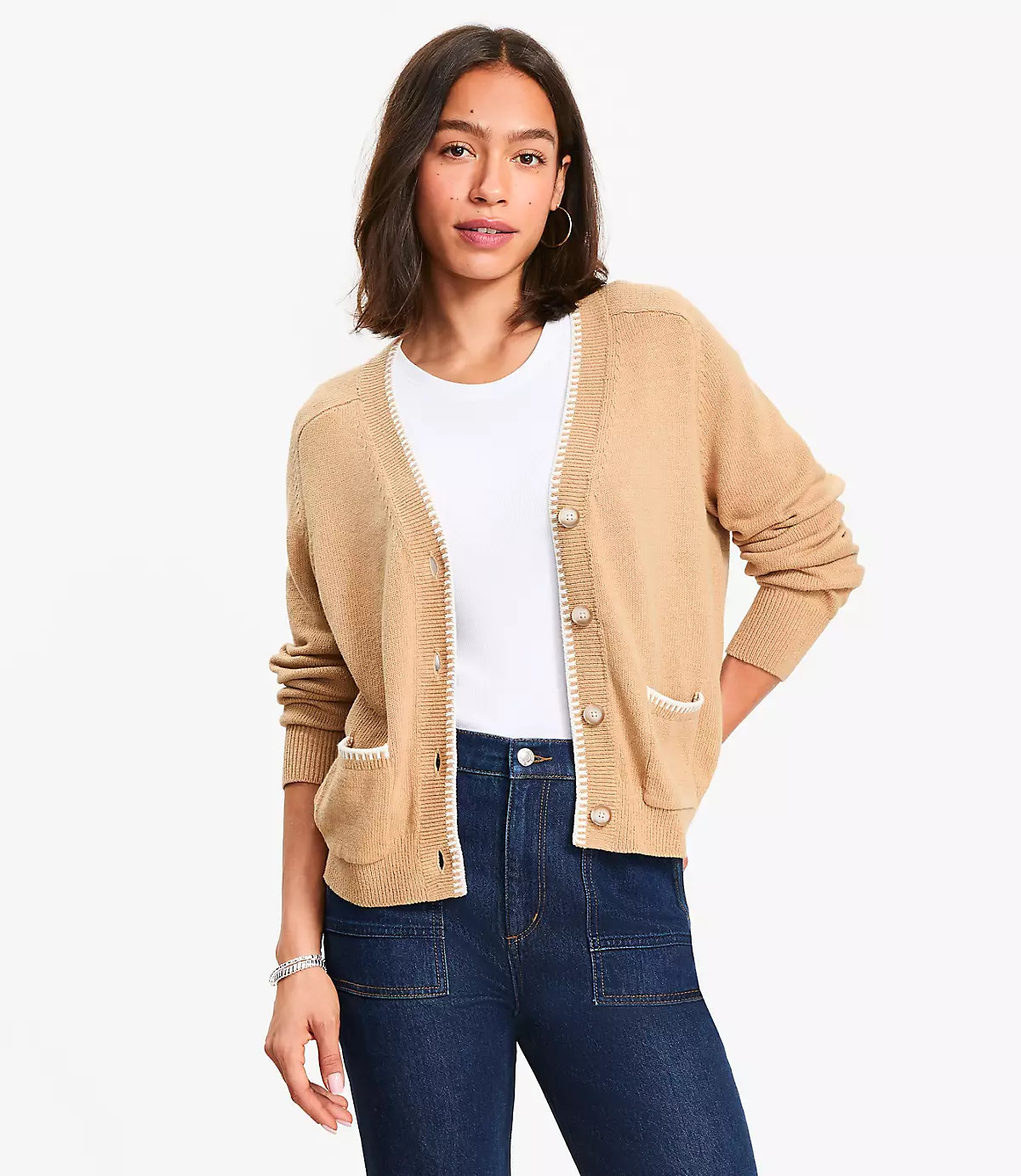 Tipped V-Neck Pocket Cardigan | LOFT