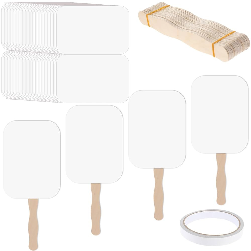 TaoBary 50 Pieces DIY Paper Church Fans Handheld Set Fan Sticks Wooden Handle Craft Sticks Wavy w... | Amazon (US)