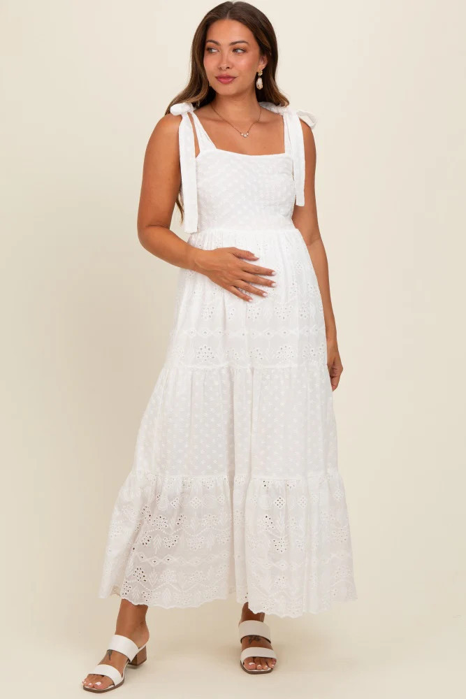 White Embroidered Eyelet Lace Maternity Maxi Dress | PinkBlush Maternity