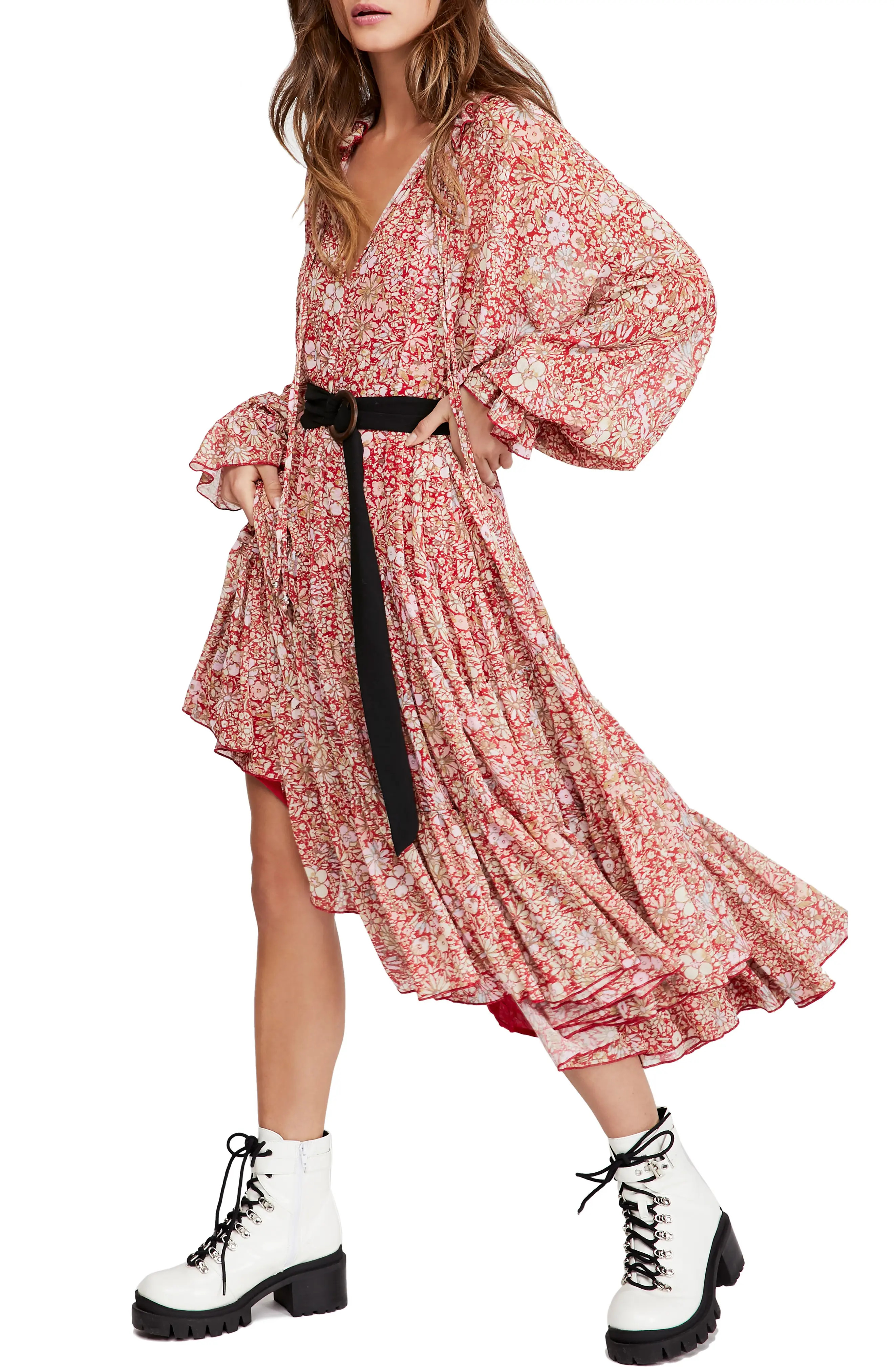 Free People Feeling Groovy Long Sleeve Midi Dress in Red at Nordstrom, Size Medium | Nordstrom