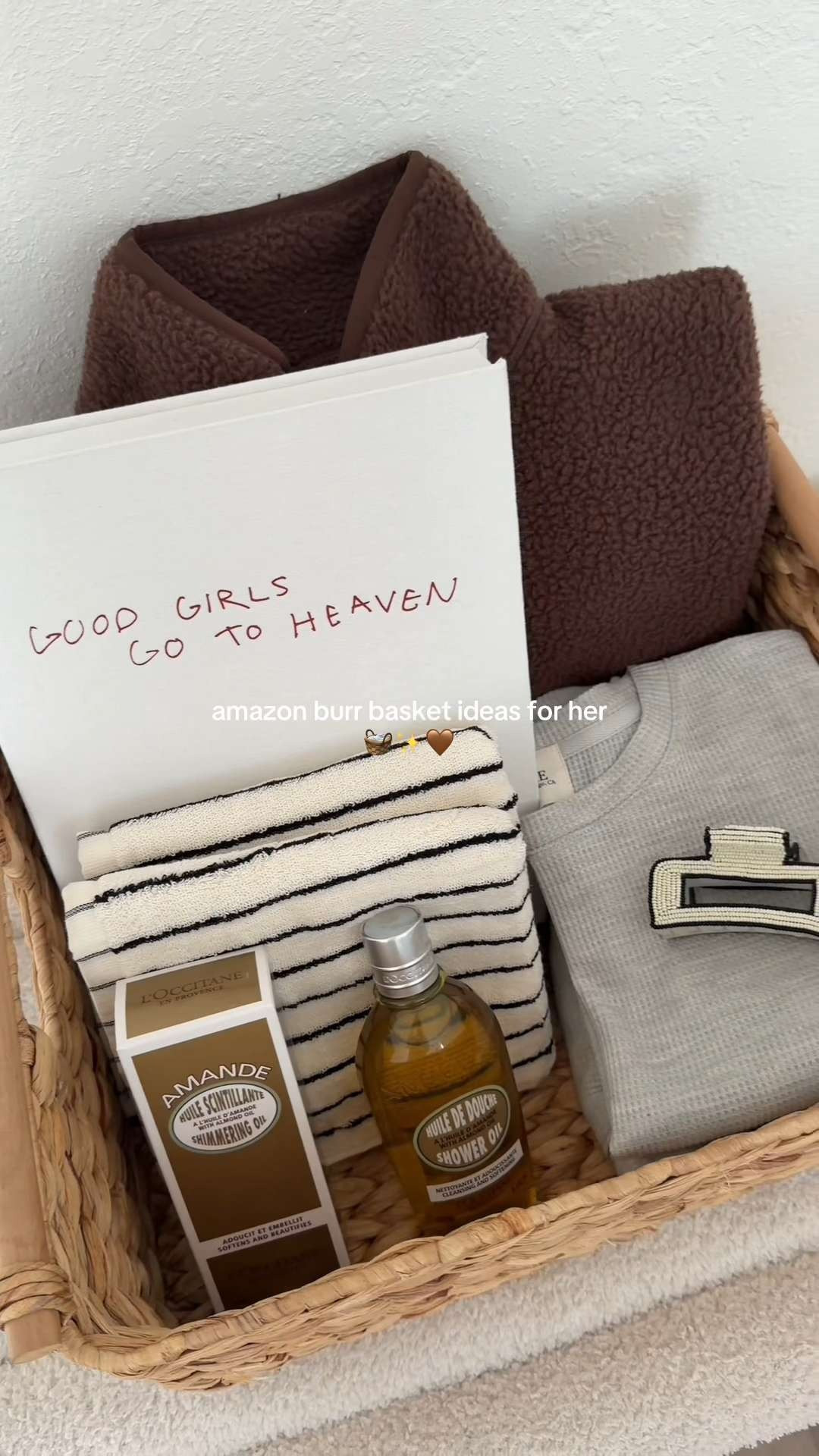 this might be my favorite burr basket i’ve made yet. cozy fleece, soft lounge set, luxe hair clip, yummy shower oil and the cutest little details that make it feel so thought out. this is one of those gifts where you don’t even need wrapping paper it just hits every time

#amazonburrbasket
#giftideasforher
#cozygifts
#wintergiftguide
#bymyakae 

 #LTKGiftGuide #LTKHoliday #LTKSeasonal