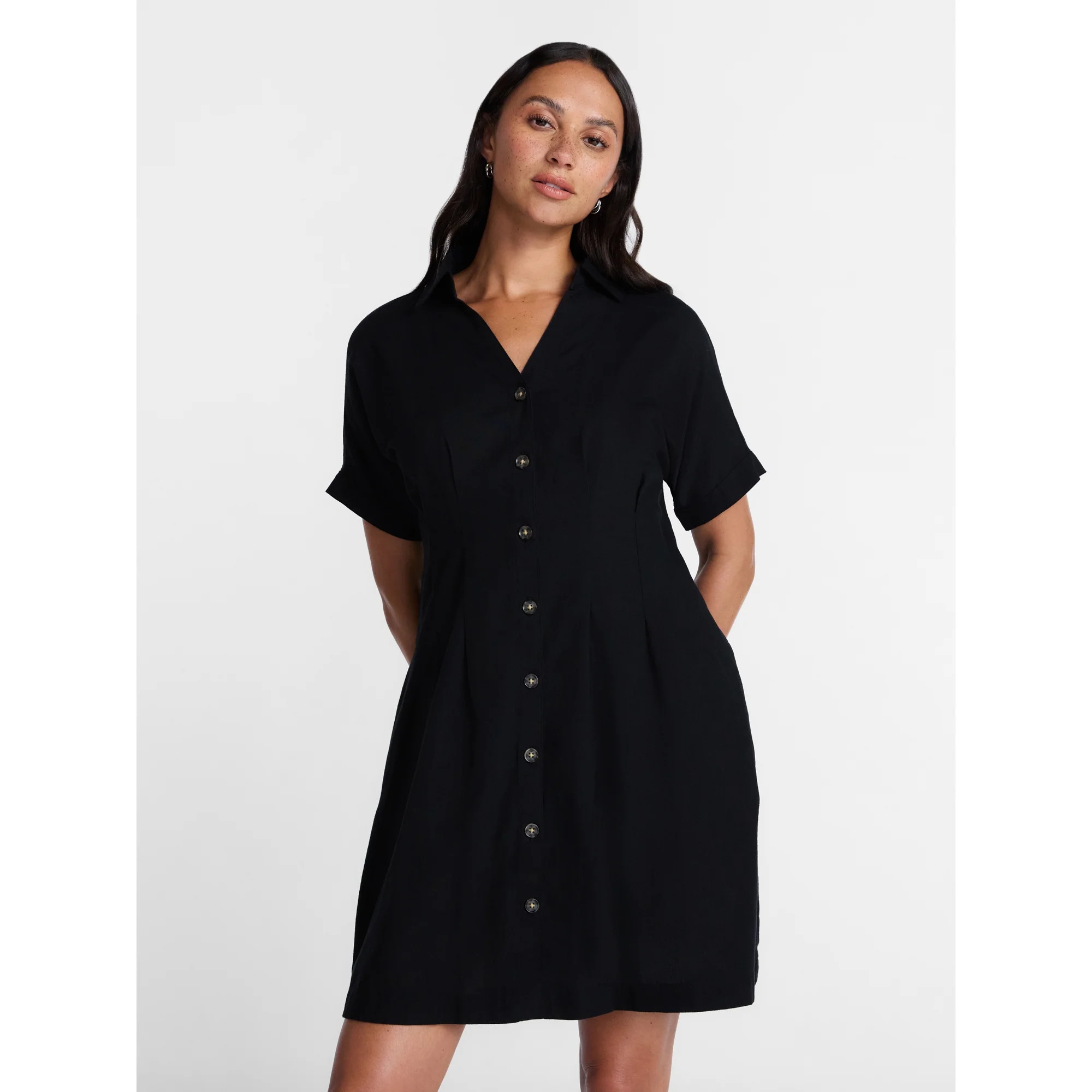 Time and Tru Women's Linen Blend Pleated Mini Shirtdress with Short Sleeves, Sizes XS-XXXL | Walmart (US)
