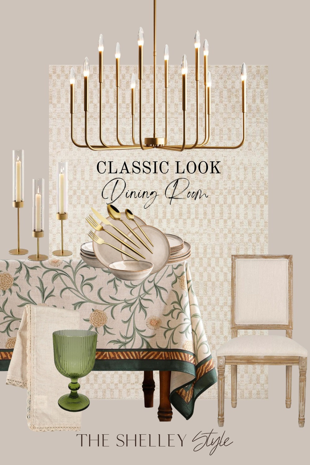 Curated Classic Dining Room for Spring or Easter Dinner. Floral Tablecloth, Cloth Napkins, Rug, Chandelier, Classic Chair set, Glass Candle Holder, Dish Set, Gold Flatware, Green Goblets. 

 

#LTKStyleTip #LTKSpringSale #LTKHome