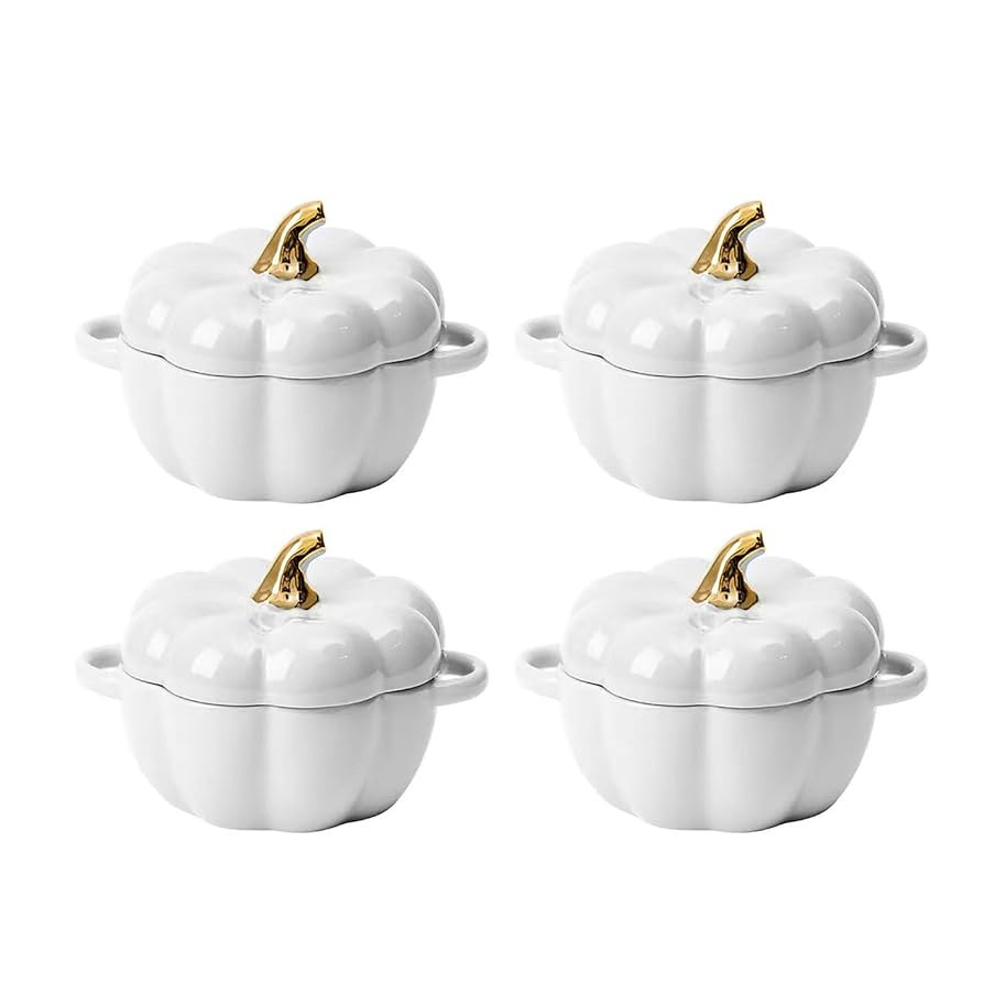 Pumpkin Bowl Set with Lid and Handle, Set of 4 Ceramic Ramekins for Baking, Casserole Dish Indivi... | Amazon (US)