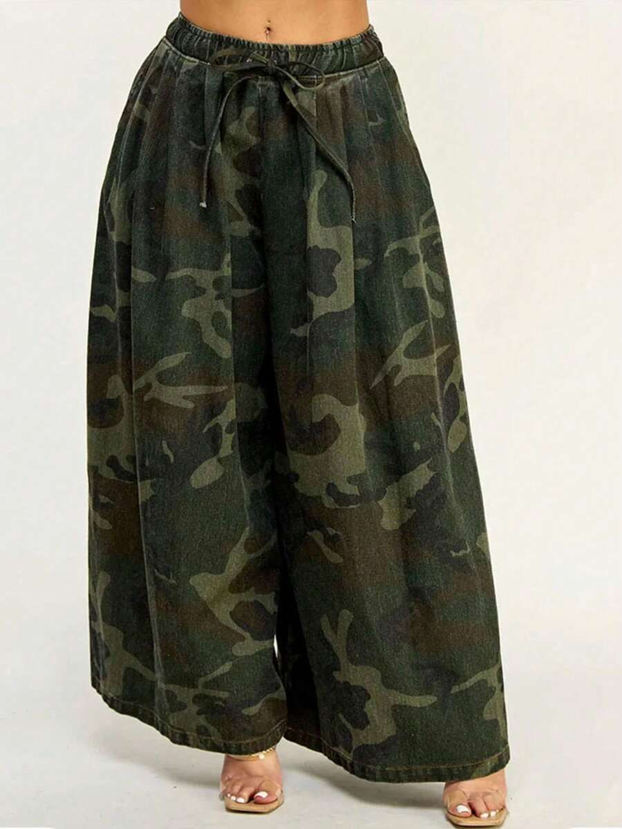 LocalGLOURI Women's Camo Wide Leg Pants, Elastic Drawstring Waist, Loose Relaxed Fit, Daily Weeke... | SHEIN