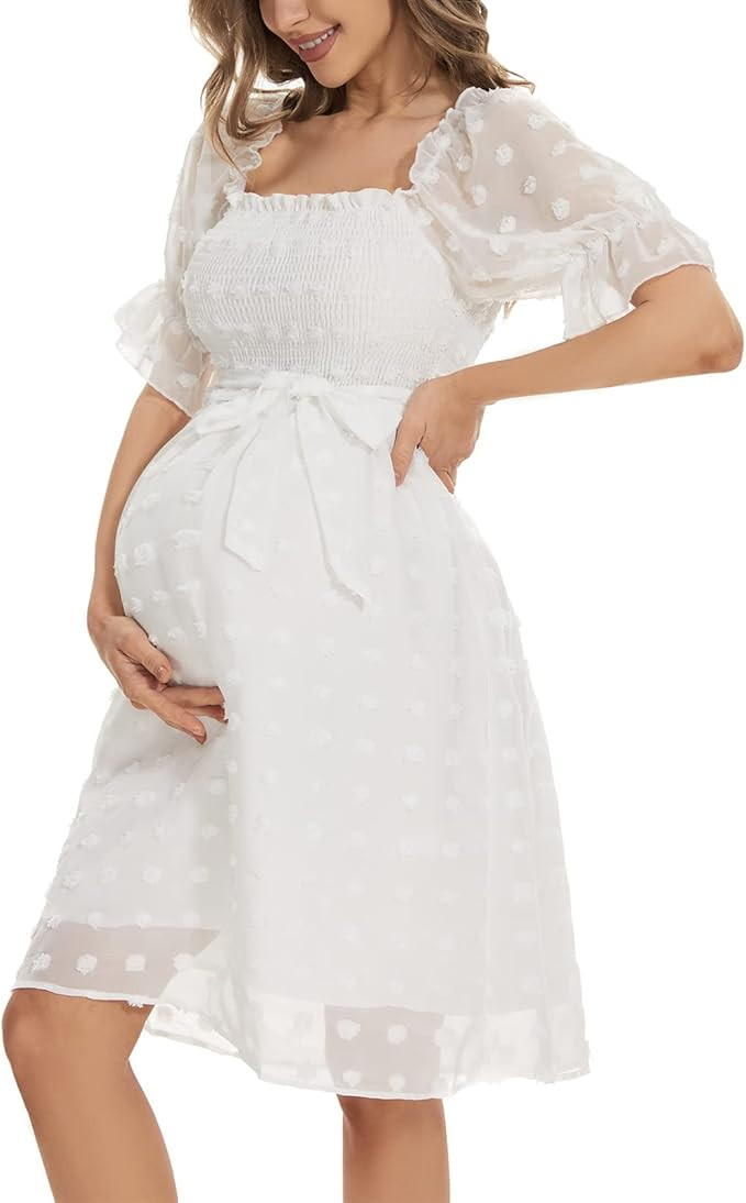 Boho Flutter Short Sleeve V-Neck Maternity Midi Dress for Baby Shower/Photoshoot/Holiday，Swiss ... | Amazon (US)