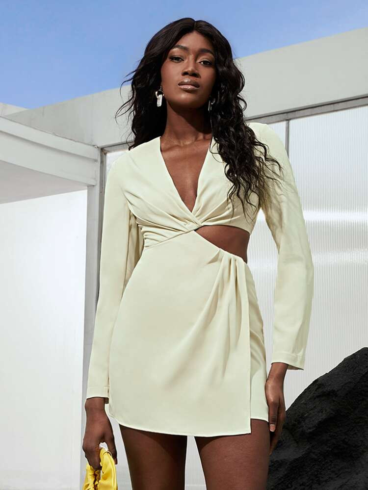 SHEIN Plunging Neck Cut Out Plicated Detail Wrap Hem Dress | SHEIN