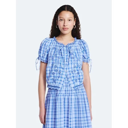 Free Assembly Women's and Women's Plus Embroidered Cropped Cotton Top with Short Sleeves, Sizes-XS-4X | Walmart (US)