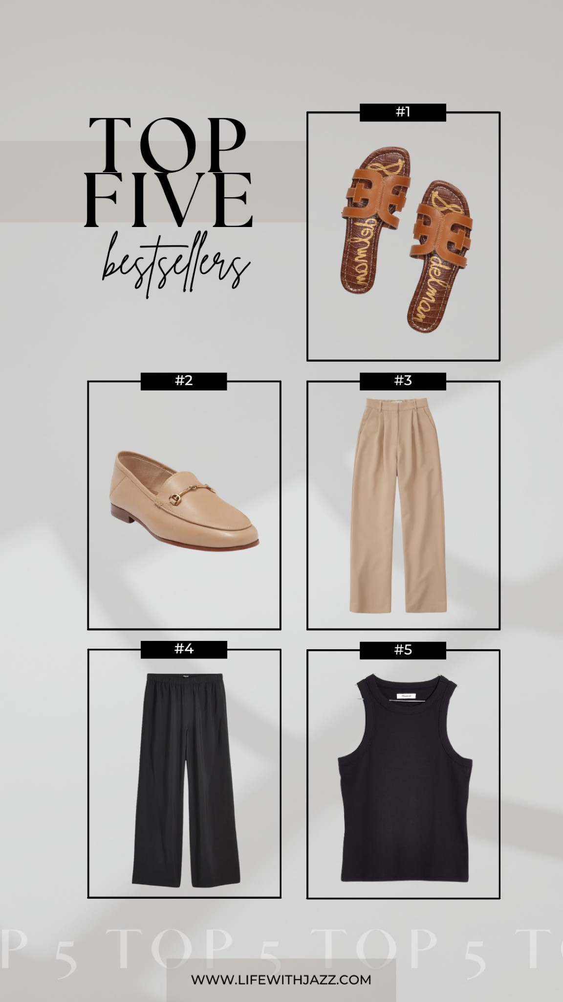 This week’s top 5 bestsellers - 

1. Sam Edelman sandals - my tried and true favorites, they’re currently on sale (rarely on sale!) 
2. Sam Edelman Lorraine loafers - tts, comfortable, great workwear shoe 
3. Abercrombie Sloane tailored pants - great affordable work pants, if you’re under 5’4” or have shorter legs, I’d recommend getting the extra petite or petite length, available in multiple colors, under $100
4. Madewell pull on drape pants - I have last year’s version, I love how elegant a d comfortable these pants are 
5. Madewell tank top - these are a great staple for your summer wardrobe 

#LTKSaleAlert #LTKSeasonal