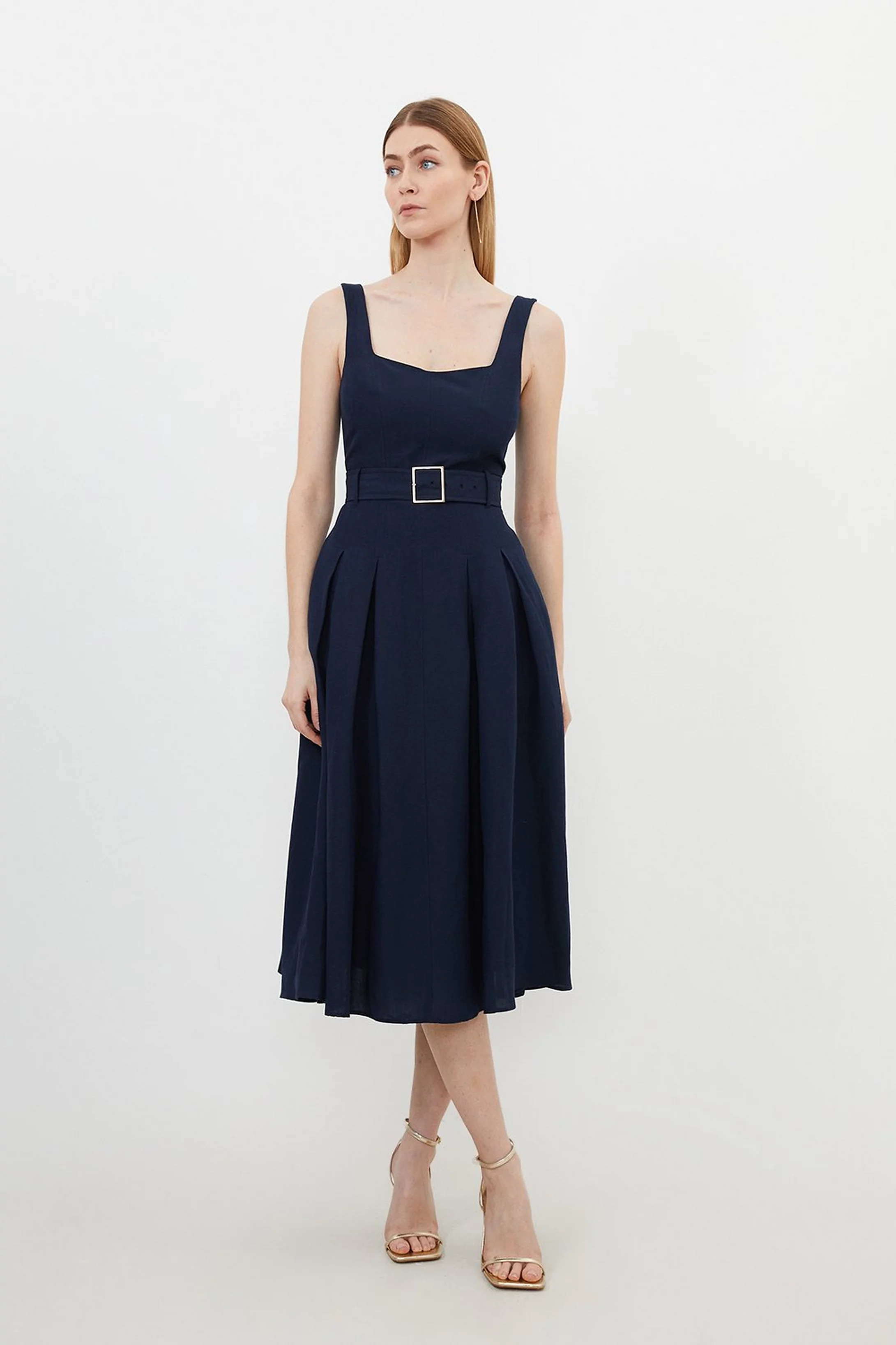 Premium Tailored Linen Square Neck Belted Midi Dress | Karen Millen UK + IE + DE + NL