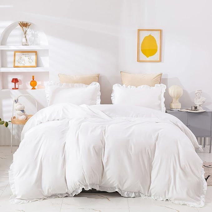 Cottonight White Comforter Set - Queen Size Farmhouse Boho Ruffles Bedding Set with Soft Breathab... | Amazon (US)