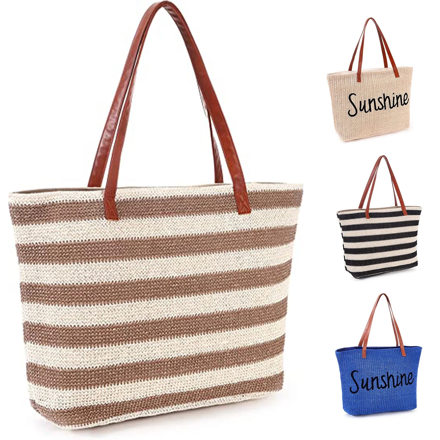 Yorcoten Large Women Straw Beach Bag , Waterproof Sandproof Handmade Woven Stripe Tote Bags Stitc... | Walmart (US)