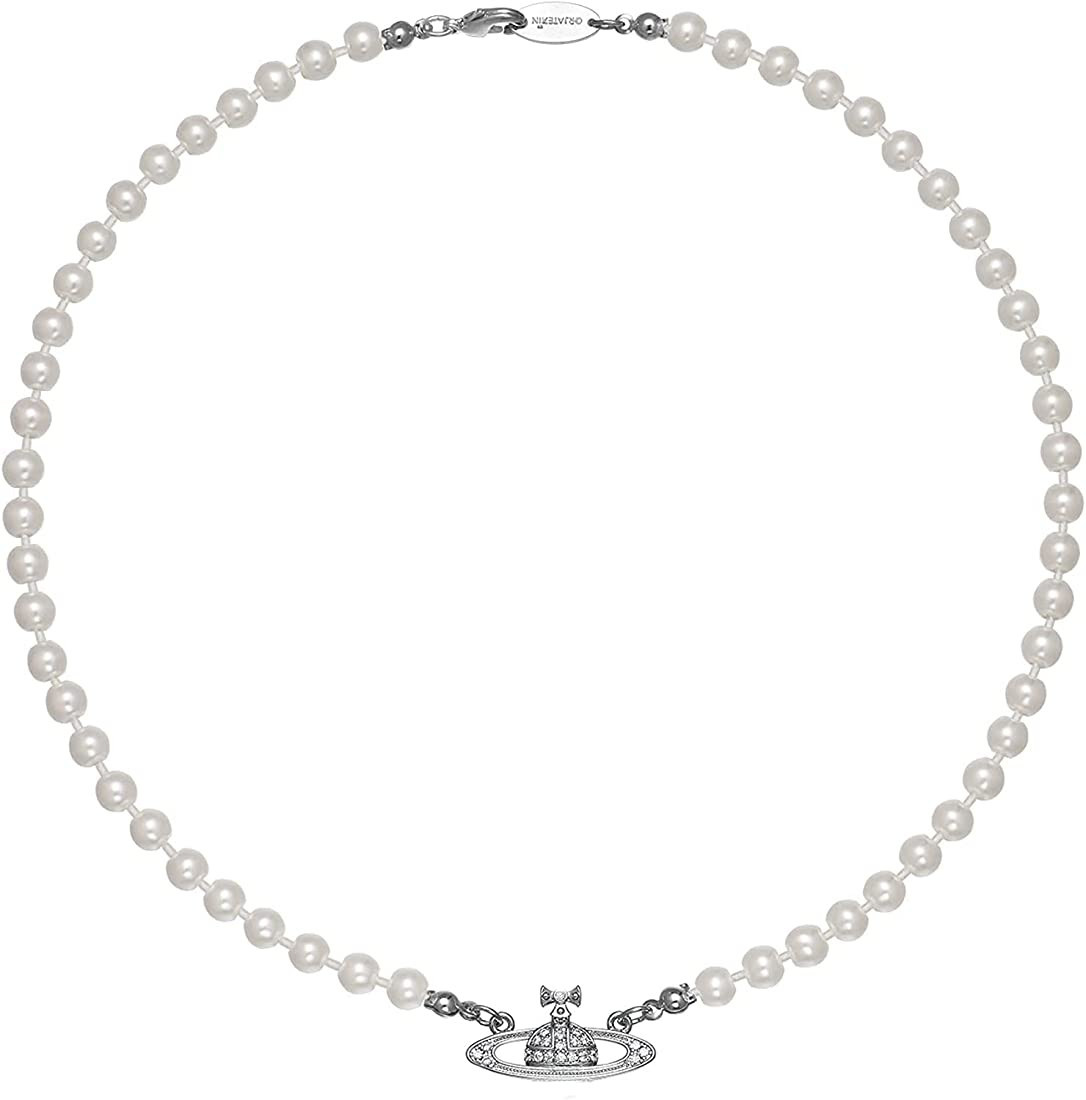 ORJATEXIN Golden Silver Saturn Pearl Necklace Diamond Pearl Bead Crystal Rhinestone Saturn Planet... | Amazon (US)