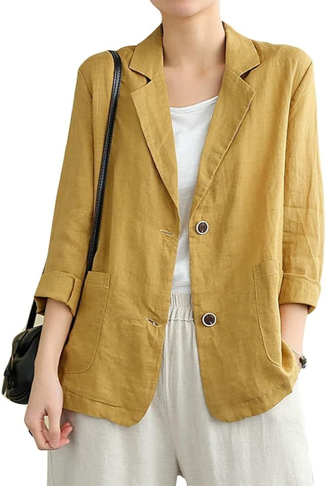 IDEALSANXUN Cotton Linen Blazer for Womens Long Sleeve Loose Casual Blazer Jackets | Amazon (US)