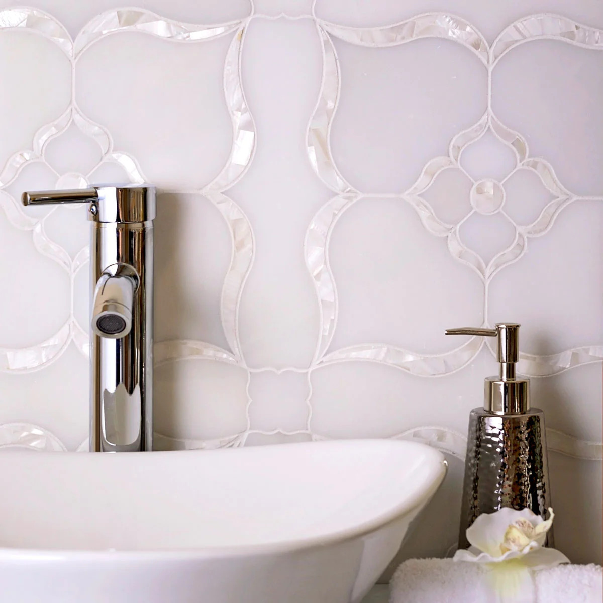 Pearl Flower White Marble & Mother Of Pearl Waterjet Mosaic Tile | Tile Club