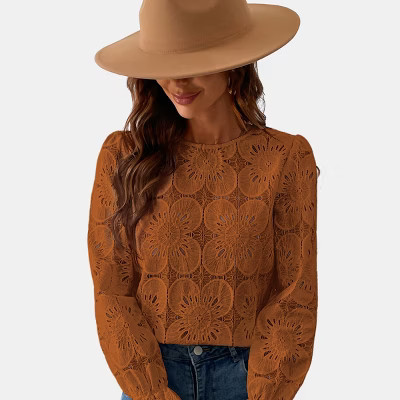 Women's Long Sleeve Embroidered Floral Eyelet Blouse Shirt -Cupshe-S-Bronze | Target