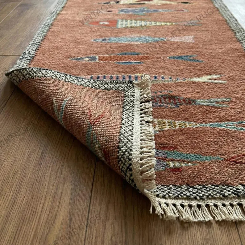 Rust Brown Ocean Folk Runner Rug Hand Knotted Wool Coastal Hallway Piece with Artisan Fish Illust... | Etsy (US)